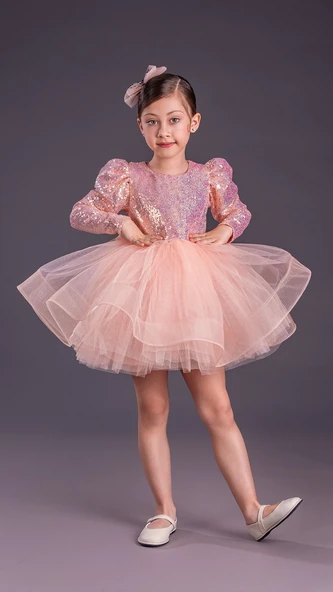 Tütü Gren Etekli Kız Çocuk Pul Payetli Uzun Kol Kikidi Elbise MNK0583 - 4