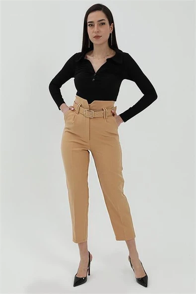 Kemerli Atlas Kumaş Pantolon - Açık Kahve ürün görseli 1