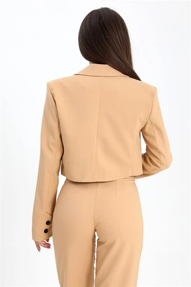 Çift Peto Cepli Kısa Crop Blazer Ceket - Camel - 6