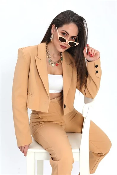 Çift Peto Cepli Kısa Crop Blazer Ceket - Camel - 5