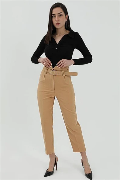 Kemerli Atlas Kumaş Pantolon - Açık Kahve - Resim 3