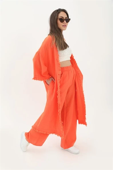 Püsküllü Keten Takım - Turuncu - Resim 2