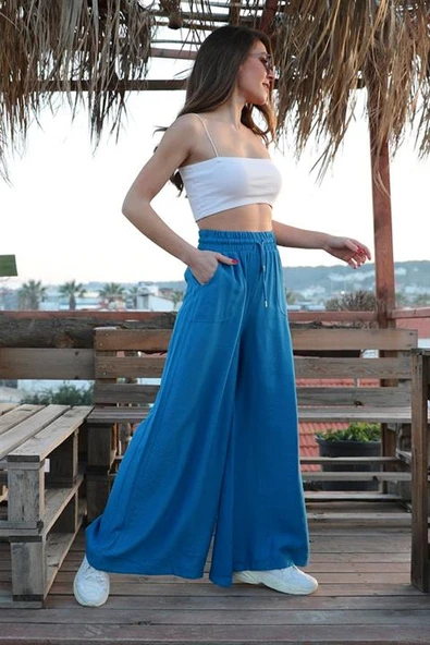 Geniş Kemerli Bol Paça Düz Keten Kadın Pantolon - İndigo ürün görseli 1