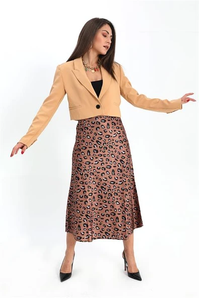 Çift Peto Cepli Kısa Crop Blazer Ceket - Camel - 2