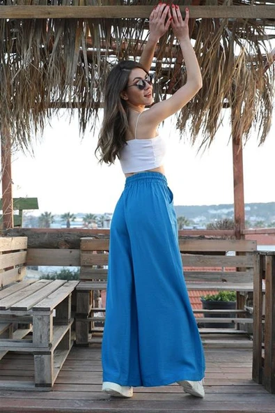 Geniş Kemerli Bol Paça Düz Keten Kadın Pantolon - İndigo - Resim 4