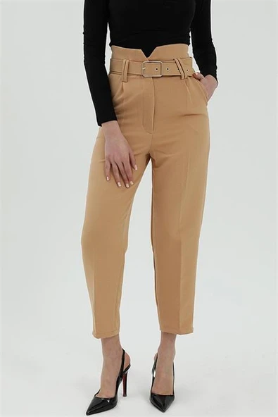 Kemerli Atlas Kumaş Pantolon - Açık Kahve - Resim 4