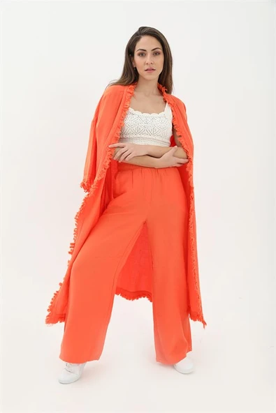 Püsküllü Keten Takım - Turuncu - Resim 4