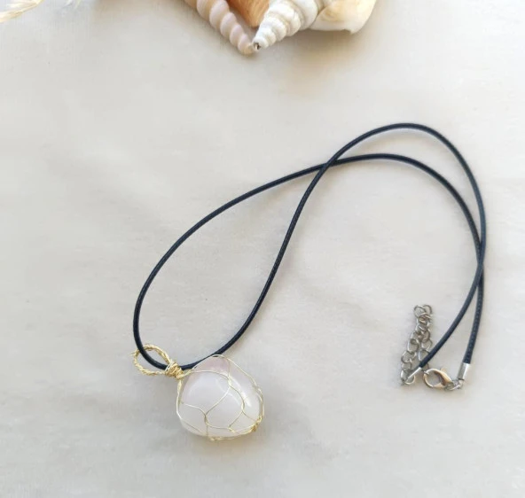 Kolye Doğal Taş El İşi Tel Sarma Tasarım Çakra Charm Takı Kadın Kız Örgü - 2