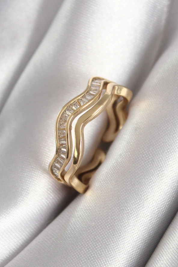 Pirinç Gold Renk Zirkon Taşlı Dalga Model Kadın Yüzük - TJ-BYK3084 ürün görseli 1