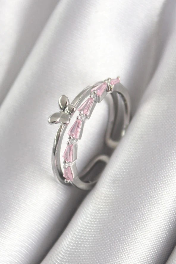 Pirinç Gümüş Renk Pembe Zirkon Taşlı Kelebek Figür Kadın Yüzük - TJ-BYK3073 ürün görseli 1