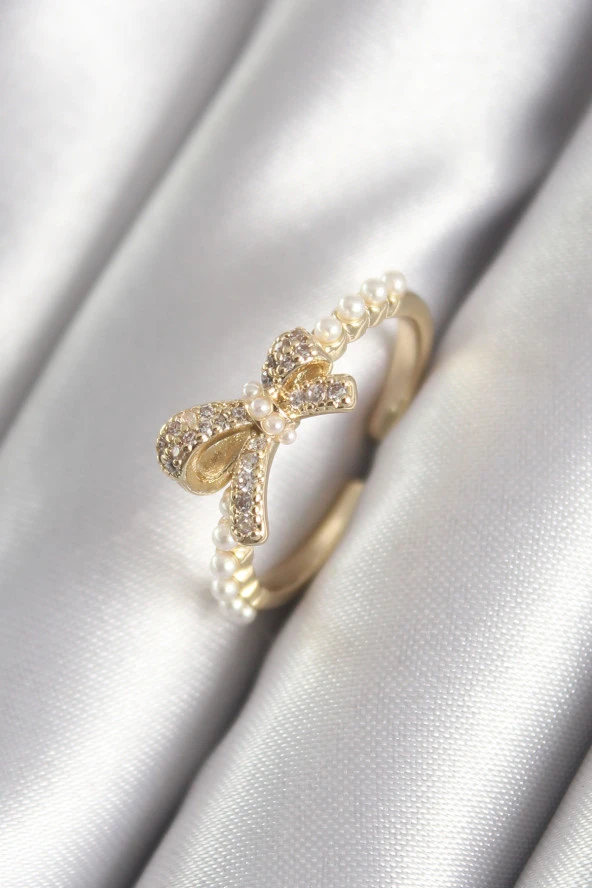 Pirinç Gold Renk Zirkon Taşlı Kurdele Model İnci Detay Kadın Yüzük - TJ-BYK3057 ürün görseli 1