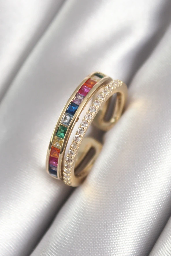 Pirinç Gold Renk Renkli Zirkon Taşlı Kadın Yüzük - TJ-BYK3061 ürün görseli 1