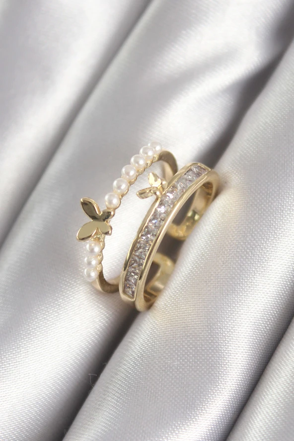 Pirinç Gold Renk Zirkon Taşlı Kelebek Model İnci Detay Kadın Yüzük - TJ-BYK3055 ürün görseli 1