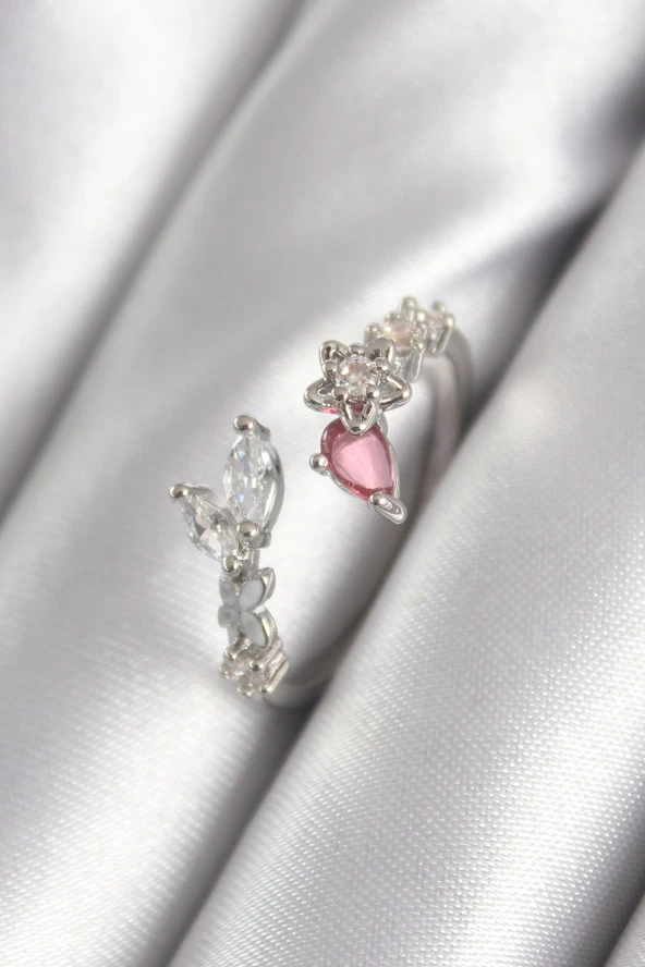 Pirinç Gümüş Renk Pembe Zirkon Taş Detay Yıldız Detay Kadın Yüzük - TJ-BYK3046 ürün görseli 1