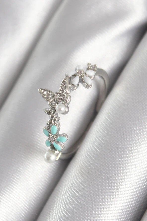 Pirinç Gümüş Renk Zirkon Taşlı Kelebek Model İnci Detay Kadın Yüzük - TJ-BYK3050 ürün görseli 1