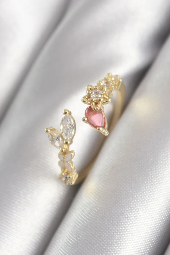 Pirinç Gold Renk Pembe Zirkon Taşlı Yıldız Model Kadın Yüzük - TJ-BYK3045 ürün görseli 1