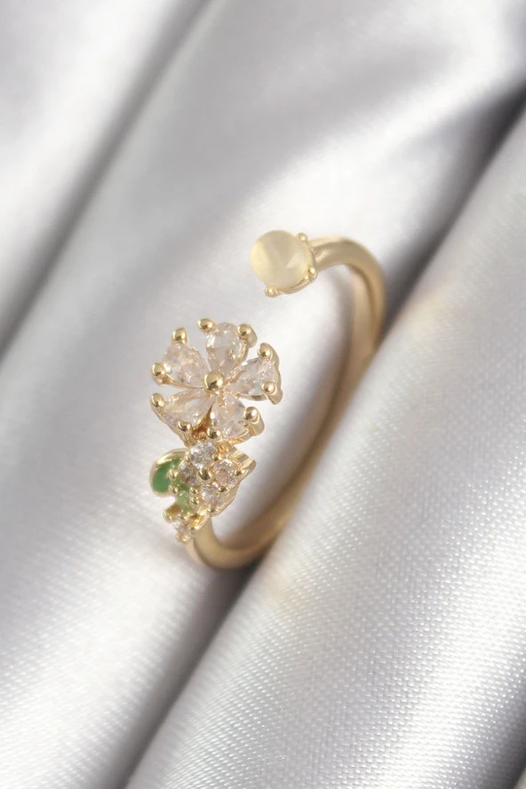 Pirinç Gold Renk Zirkon Taşlı Çiçek Model Kadın Yüzük - TJ-BYK3047 ürün görseli 1