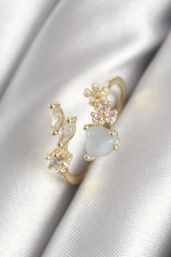 Pirinç Gold Renk Zirkon Taşlı Mavi Sedefli Kalp Model Kadın Yüzük - TJ-BYK3051 ürün görseli 1