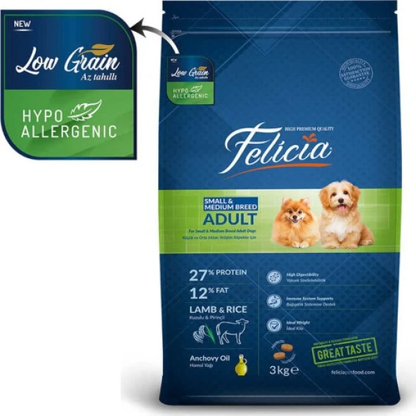 Felicia HypoAllergenic Kuzulu ve Pirinçli Küçük ve Orta Irk Düşük Tahıllı Yetişkin Köpek Maması 3kg