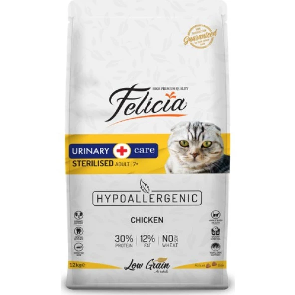 Felicia Hypo-Allergenic Üriner Sağlığı İçin Düşük Tahıllı Tavuklu Kısırlaştırılmış Kedi Maması 12kg