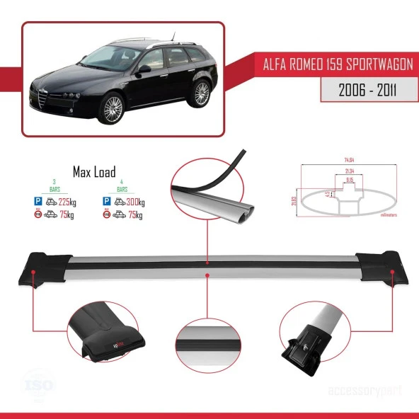 eo 159 SPORTWAGON 2006-2011 Arası ile Uyumlu FLY Model Ara Atkı Tavan Barı GRİ 3 ADET BAR - 4