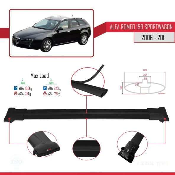 Alfa Romeo 159 SPORTWAGON 2006-2011 Arası ile uyumlu FLY Model Ara Atkı Tavan Barı SİYAH - Resim 4