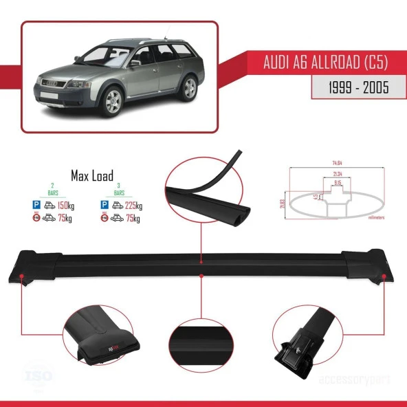 Audi A6 (C5) Allroad 1999-2005 Arası ile Uyumlu FLY Model Ara Atkı Tavan Barı SİYAH - Resim 4