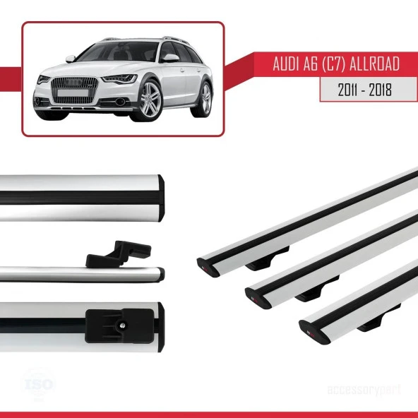 Audi A6 (C7) Allroad 2011-2018 Arası ile uyumlu Basic Model Ara Atkı Tavan Barı GRİ 3 ADET - Resim 2