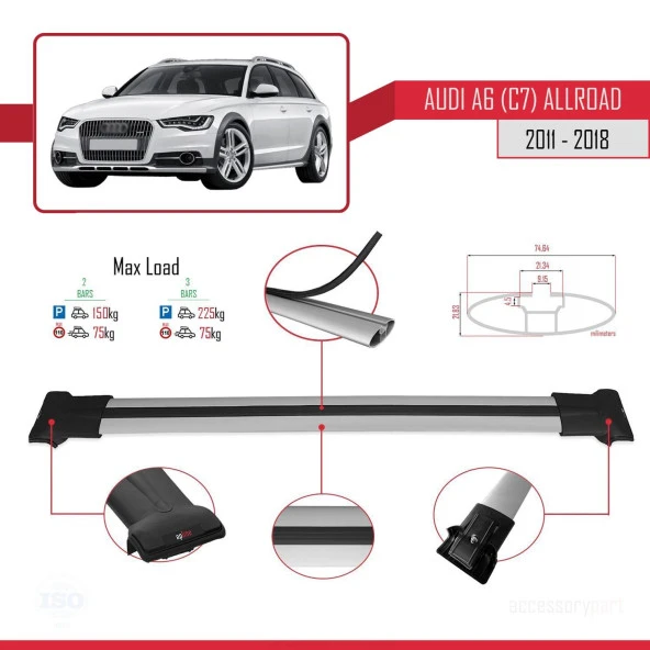 Audi A6 (C7) Allroad 2011-2018 Arası ile uyumlu FLY Model Ara Atkı Tavan Barı GRİ - Resim 2