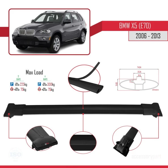 BMW X5 (E70) 2006-2013 Arası ile Uyumlu FLY Model Ara Atkı Tavan Barı SİYAH 3 ADET BAR - 4