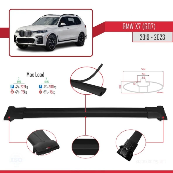 BMW X7 (G07) 2019 Arası ile Uyumlu FLY Model Ara Atkı Tavan Barı SİYAH 3 ADET BAR - 4