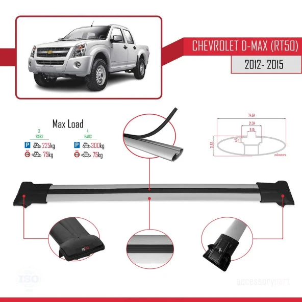 Chevrolet D-Max (RT50) 2012-2015 Arası ile Uyumlu FLY Model Ara Atkı Tavan Barı GRİ 3 ADET BAR - Resim 3