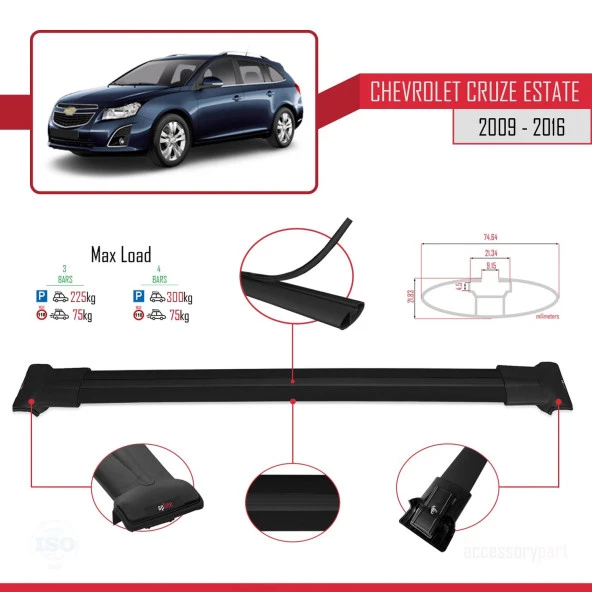 Chevrolet Cruze 2009-2016 Arası ile Uyumlu FLY Model Ara Atkı Tavan Barı SİYAH 3 ADET BAR - Resim 4