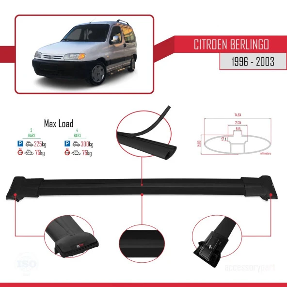 Citroen Berlingo 1996-2003 Arası ile uyumlu FLY Model Ara Atkı Tavan Barı SİYAH 3 ADET BAR - Resim 3