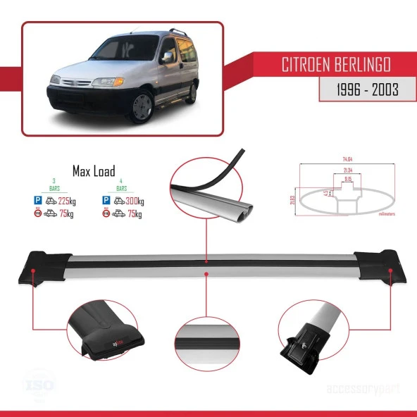 Citroen Berlingo 1996-2003 Arası ile uyumlu FLY Model Ara Atkı Tavan Barı GRİ 4 ADET BAR - Resim 3
