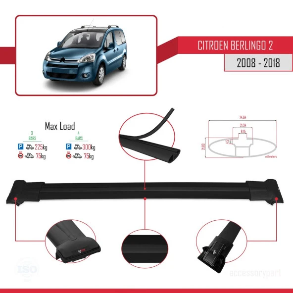 Citroen Berlingo 2008-2018 Arası ile uyumlu FLY Model Ara Atkı Tavan Barı SİYAH 3 ADET BAR - 4