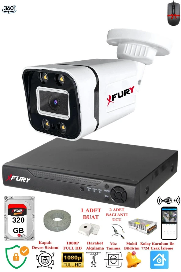 FURY 1 Kameralı 1080P Görüntü Gece Renkli-Su Geçirmez Full Hd Ultra Led Güvenlik Kamerası Seti 320GB - 2