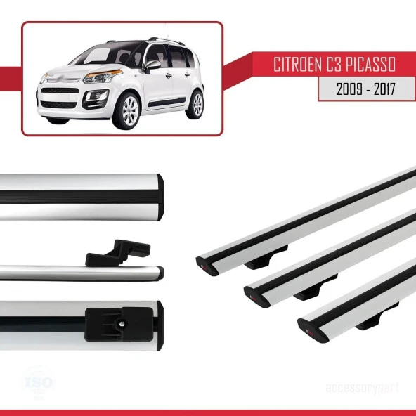 Citroen C3 Picasso 2009-2017 Arası ile uyumlu Basic Model Ara Atkı Tavan Barı GRİ 3 ADET - 1