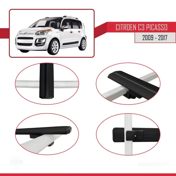 Citroen C3 Picasso 2007-2017 Arası ile uyumlu Basic Model Ara Atkı Tavan Barı SİYAH 3 ADET - Resim 4