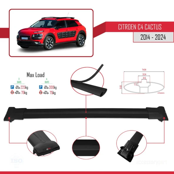 Citroen C4 Cactus 2014 ve Sonrası ile Uyumlu FLY Model Ara Atkı Tavan Barı SİYAH 3 ADET BAR - Resim 4