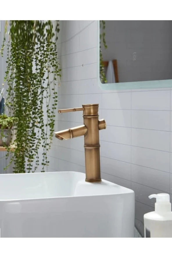 Bambu Model Rustik Antik Lavabo Bataryası Banyo Musluğu Eskitme Lavabo Armatür Otantik Bakır Görünüm