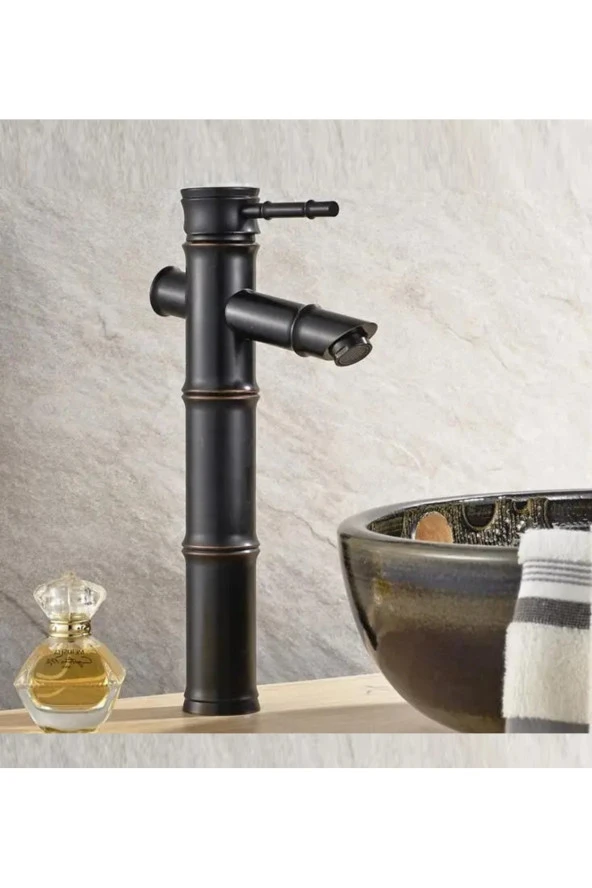 Bambu Model Rustik Siyah Antik Lavabo Bataryası Banyo Çanak Musluk Mat Siyah Lavabo Armatür Otantik - 1