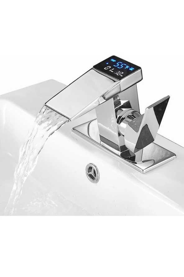 Rena Design Dijital Sıcaklık Göstergeli Krom Lavabo Bataryası Musluğu Çiftgirişli Krom Armatür Sayaç Ekran Yeni - 2
