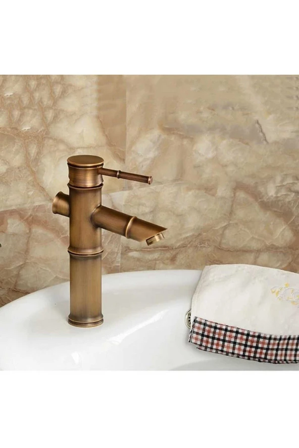 Bambu Model Rustik Antik Lavabo Bataryası Banyo Musluğu Eskitme Lavabo Armatür Otantik Bakır Görünüm - 2
