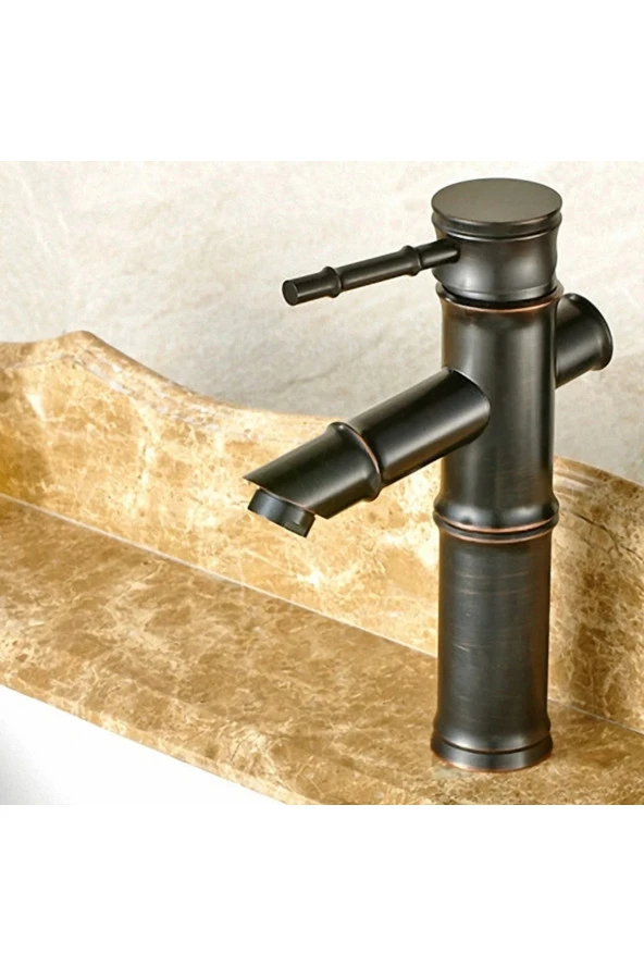 Bambu Model Siyah Rustik Lavabo Bataryası Banyo Musluğu Mat Siyah Lavabo Armatür Otantik Görünüm - 2