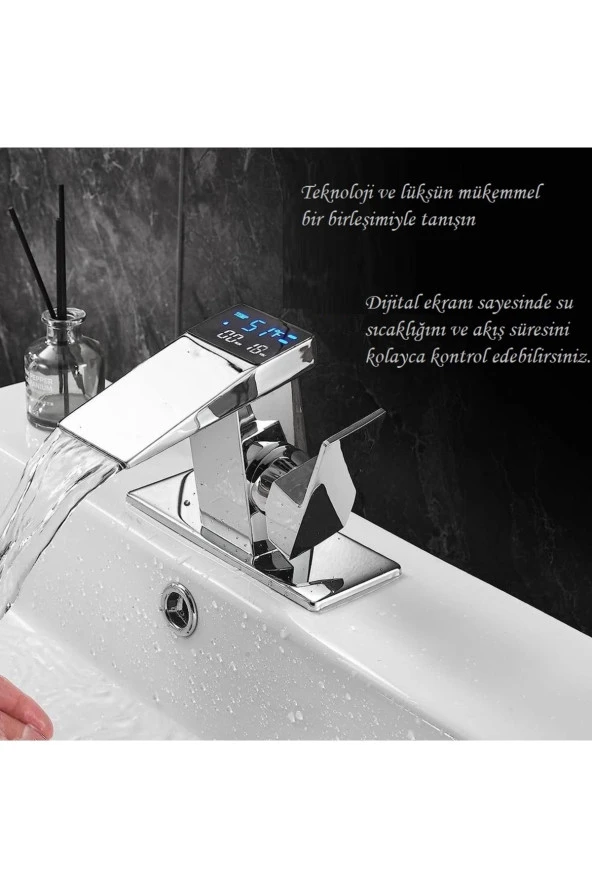 Rena Design Dijital Sıcaklık Göstergeli Krom Lavabo Bataryası Musluğu Çiftgirişli Krom Armatür Sayaç Ekran Yeni - 3