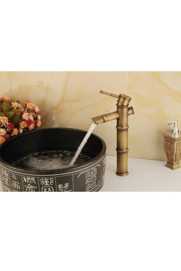 Bambu Model Rustik Antik Lavabo Bataryası Banyo Çanak Musluğu Eskitme Lavabo Armatür Otantik Bakır - 3