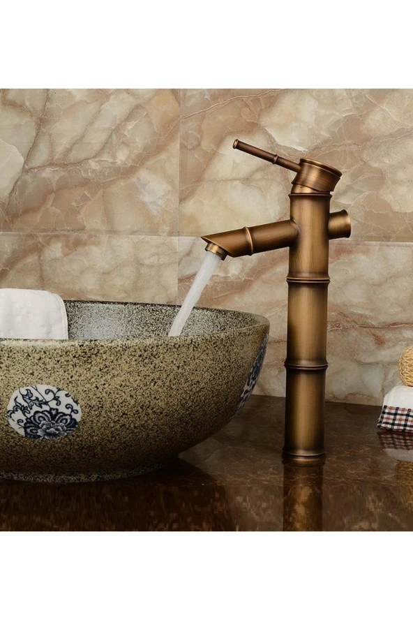 Bambu Model Rustik Antik Lavabo Bataryası Banyo Çanak Musluğu Eskitme Lavabo Armatür Otantik Bakır - 4