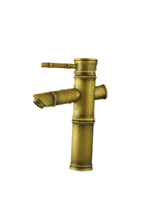Bambu Model Rustik Antik Lavabo Bataryası Banyo Musluğu Eskitme Lavabo Armatür Otantik Bakır Görünüm - 4
