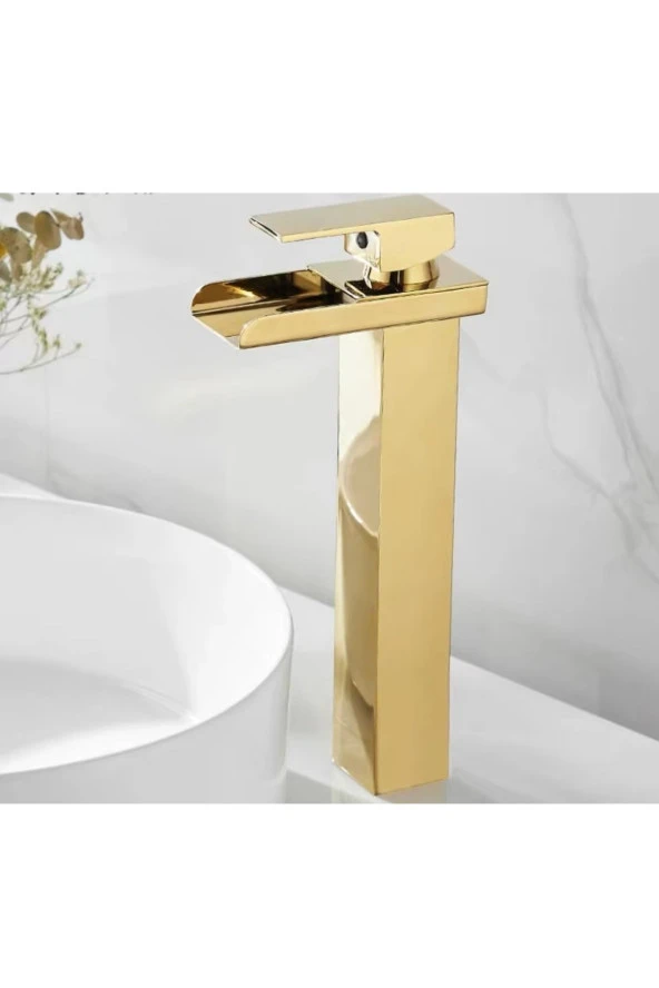 Mat Gold Köşeli Gövde Çanak Lavabo Bataryası Havza Model Uzun Altın Lavabo Musluğu Çift Girişli Armatür - 2